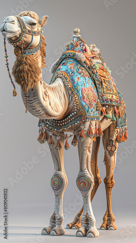 A camel with a blue and white blanket on its back