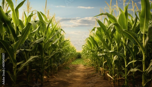 A dirt path through a cornfield on a sunny day. © Vitaly Art