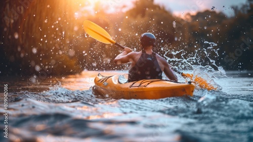 A man is actively paddling a kayak in the water, his muscles tense as he propels the small boat forward through the rippling waves.