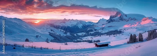 Dolomite Dawn: Majestic Winter Sunrise Over Alpe di Siusi Village photo