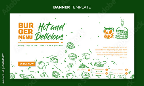 Banner template design in white background with hand drawn of ingredients for making burgers