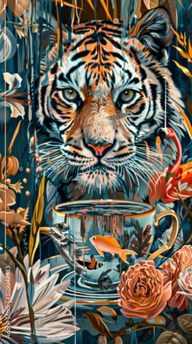 Digital illustration of a majestic tiger s face blending with a tea cup holding a fish  set against a floral backdrop