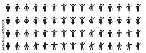 People body icons set. Man and woman in different poses. Leader person, user profile symbol. Full body woman character, grandma or grandpa with cane stick. Silhouettes of people. Vector illustration