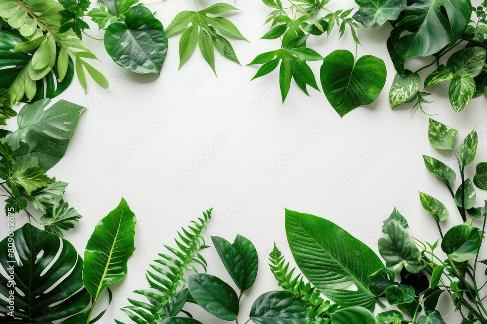 Fototapeta premium Creative layout made of green leaves on white background. Flat lay, top view.