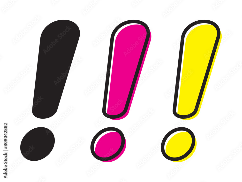 Exclamation mark icon. Pink or yellow filled and black line symbol. Exclamation mark icon. Pink or yellow filled and black line symbol.