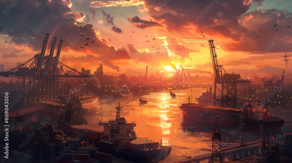 Delve into the heart of a bustling port, where cargo ships unload their precious cargo against a backdrop of towering cranes and bustling warehouses.