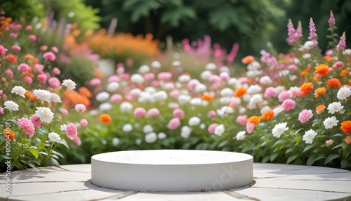 A white pedestal in the foreground with a blurred background of a colorful flower garden