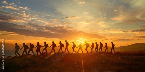 Silhouetted Figures Embarking on a Leadership Retreat in the Stunning Mountainous Landscape at Sunrise