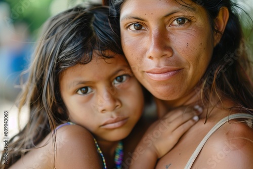 Portrait of indigenous mother and daughter looking at c