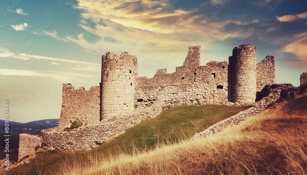 castle ruins, featuring the rugged beauty of crumbling walls and moss-covered stones Old fort for use in war rescue background