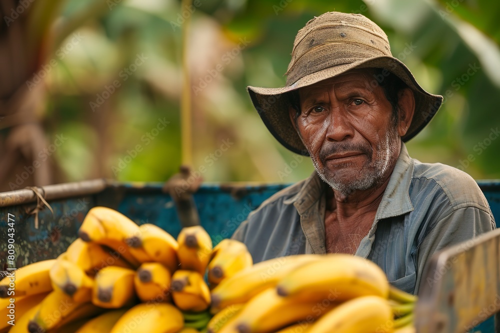 Portrait of a person putting bananas on a tractor
