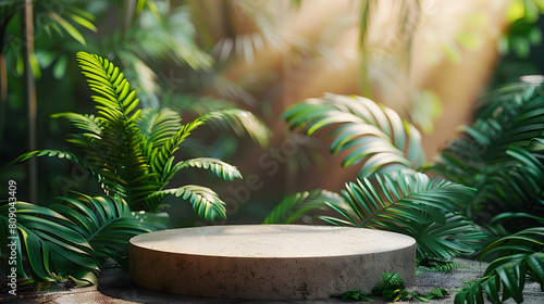 Stone Podium with Tropical Jungle Backdrop  3D Rendered Product Presentation Stage