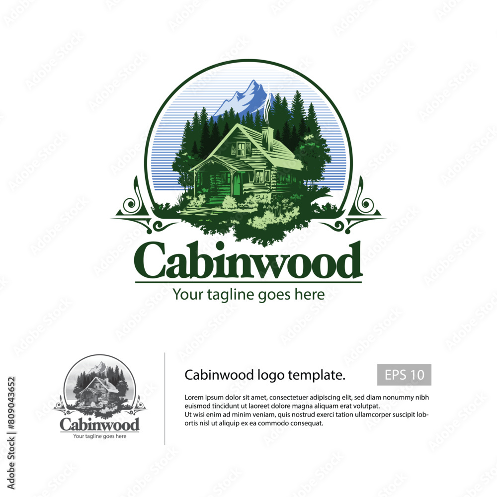 Cabin in the wood vector illustration. Cabin wood logo template. cabin rentals logo design.