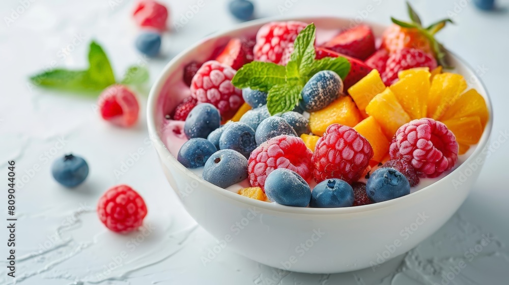 colorful fruit ice cream sundae on transparent background, featuring red raspberries, blueberries, and green leaves colorful fruit ice cream sundae on transparent background, featuring red raspberries, blueberries, and green leaves