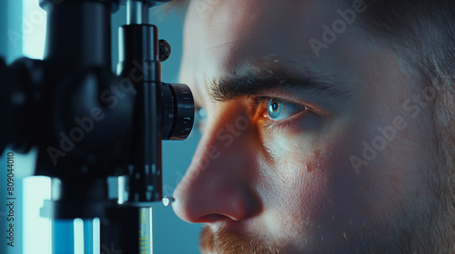 Face close-up , man doing eye test with non contact tonometer, cheking vision, intraocular pressure at optical clinic, ophthalmilogical laboratory photo