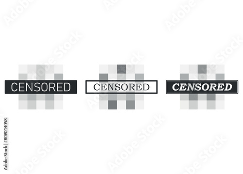 Set of pixel censored signs elements. Black censor bar concept. Blurred grey censorship background. Vector illustration. photo
