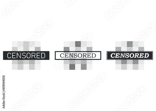 Set of pixel censored signs elements. Black censor bar concept. Blurred grey censorship background. Vector illustration.