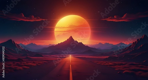 Retro background landscape : sun, space, mountains