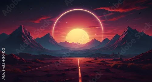 Retro background landscape : sun, space, mountains © Zaman