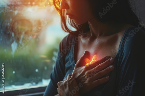 Woman having a pain in the heart area photo