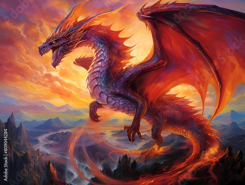 Fantasy scene with dragon flying in the sky - illustration for children