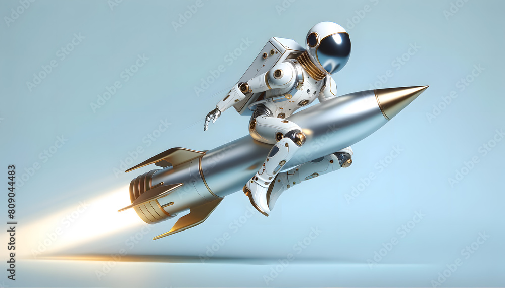 a silver humanoid robot riding a sleek, white and gold rocket against a light blue background. a silver humanoid robot riding a sleek, white and gold rocket against a light blue background.