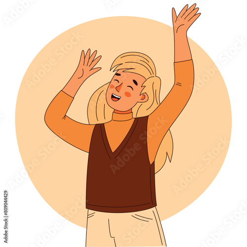 A teenage girl expresses genuine joy and excitement, his emotions are excited and happy. Vector illustration isolated on a white background for use in cards, web, apps, decoration