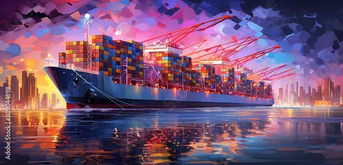 As the twilight bathes the sea in purple hues, container ships gracefully navigate the horizon, creating a captivating scene of maritime beauty. Generative AI.