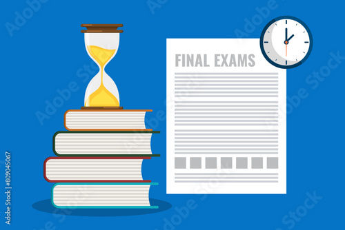 Final exams concept. Stack of books with hour glass and clock flat vector Illustration