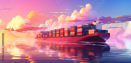 As the twilight bathes the sea in purple hues, container ships gracefully navigate the horizon, creating a captivating scene of maritime beauty. Generative AI. photo