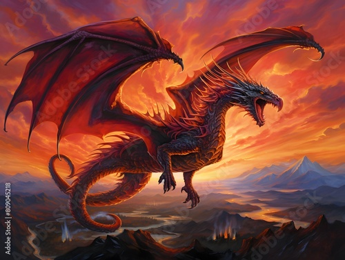 dragon flying in the sky at sunset - 3D rendered Illustration © Iman