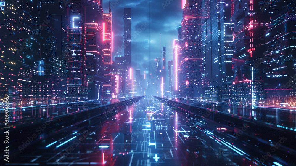 Fototapeta premium Futuristic cityscape at night with neon lights, depicting a large, mysterious curtain being pulled back to reveal hidden advanced AI technology and data streams. 
