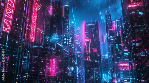 Futuristic cityscape at night with neon lights  depicting a large  mysterious curtain being pulled back to reveal hidden advanced AI technology and data streams. 