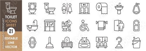 A set of linear icons related to toilet and washroom. Bathroom outline icons set.