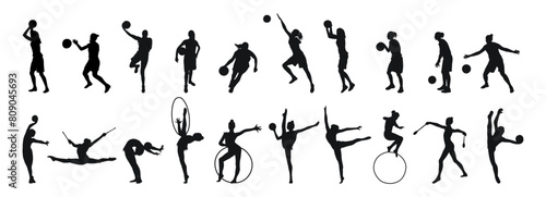 Set single silhouettes of womens sports. Basketball, calisthenics, gymnastics. Isolated vector photo