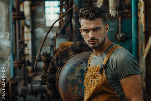 A laborer in rugged work attire stands amidst the shadows of an old factory, exuding a sense of industriousness and determination.