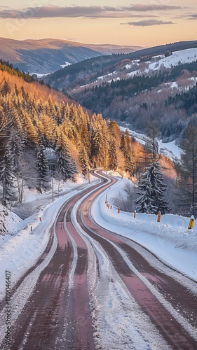 A road with snow on it and trees in the background