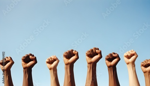 Raised fists of diverse, symbolizing unity