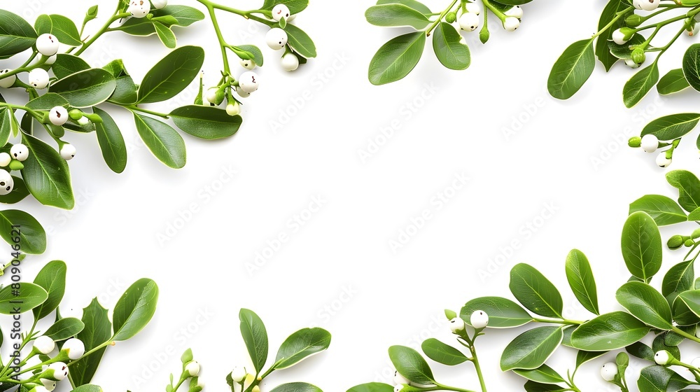 Festive Mistletoe Frame with White Berries on Clear Background Festive Mistletoe Frame with White Berries on Clear Background