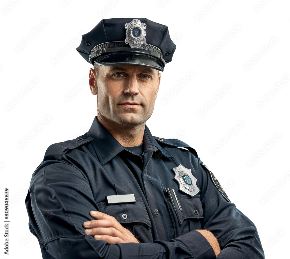 Serious police officer with arms crossed isolated on transparent background png Serious police officer with arms crossed isolated on transparent background png