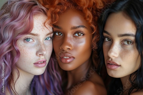 A close-up of three women with purple, orange, and black hair, representing diverse beauty © Larisa AI
