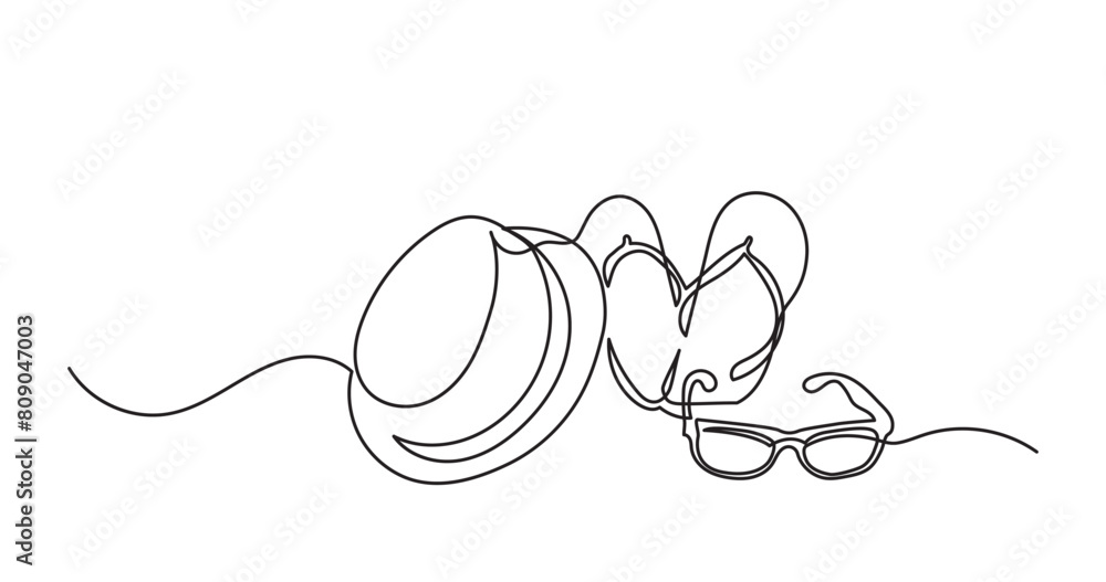 Single continuous line drawing of beach accessories.beach bag, sun cream, towel, slippers’Beach hat, sunglasses . illustration for poster, banner, flyer
Single continuous line drawing of beach accessories.beach bag, sun cream, towel, slippers’Beach hat, sunglasses . illustration for poster, banner, flyer