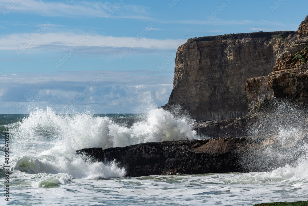 Tumultuous surf along the coast of the Pacific Ocean in northern California.