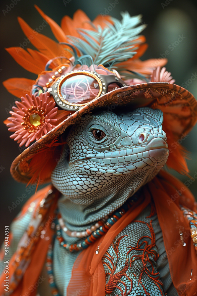 The Profile of A Lizard Dressed in Extravagant, Overly Ornate Attire Against A Single-Color Background