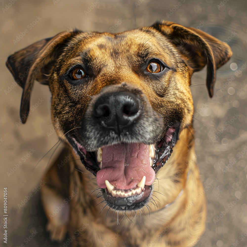 Brown happy smiling dog looks at the camera