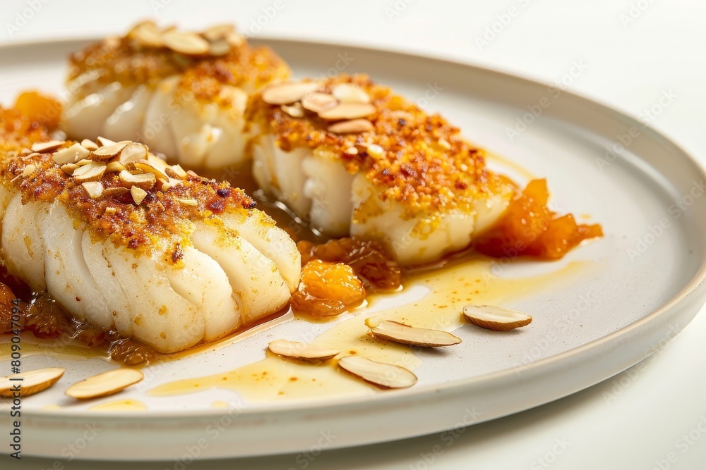 Golden Brown Almond Crusted Cod on Apricot Chutney Bed