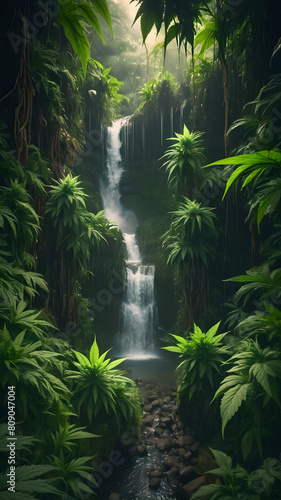 Imagine a lush jungle waterfall cascading amidst tropical trees, plants, and vibrant foliage under a sunny sky