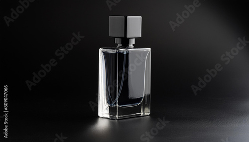 Photograph a men's perfume bottle with a clean and austere design on a plain, matte black background. The lighting is soft yet precise, enhancing the bottle's sharp angles and creating a somber, conte
