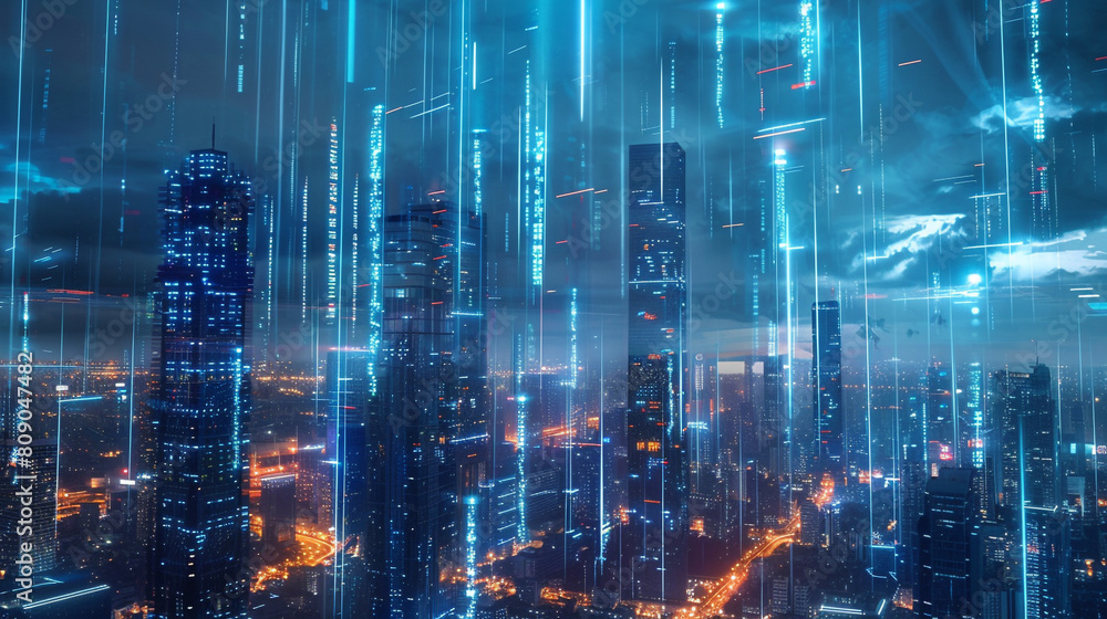 Fototapeta premium Futuristic cityscape at night with neon lights, depicting a large, mysterious curtain being pulled back to reveal hidden advanced AI technology and data streams. 