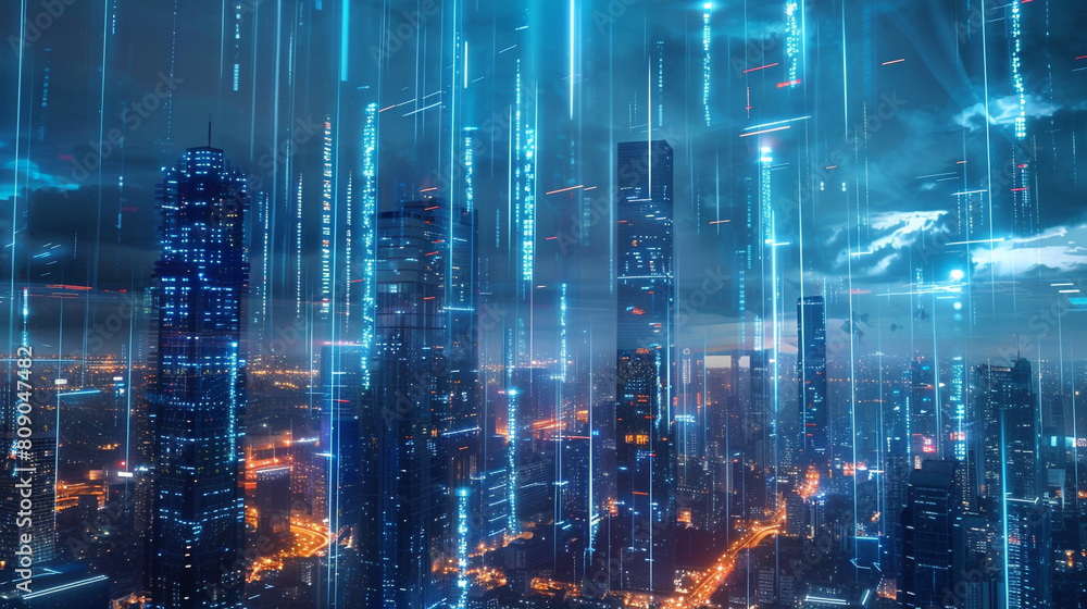 Futuristic cityscape at night with neon lights, depicting a large, mysterious curtain being pulled back to reveal hidden advanced AI technology and data streams. 